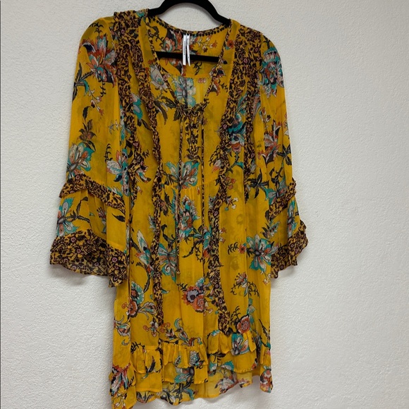 Anthropologie Breezy Sheer Tunic Women Small Yellow Floral Boho Top Blouse XS - Picture 3 of 4